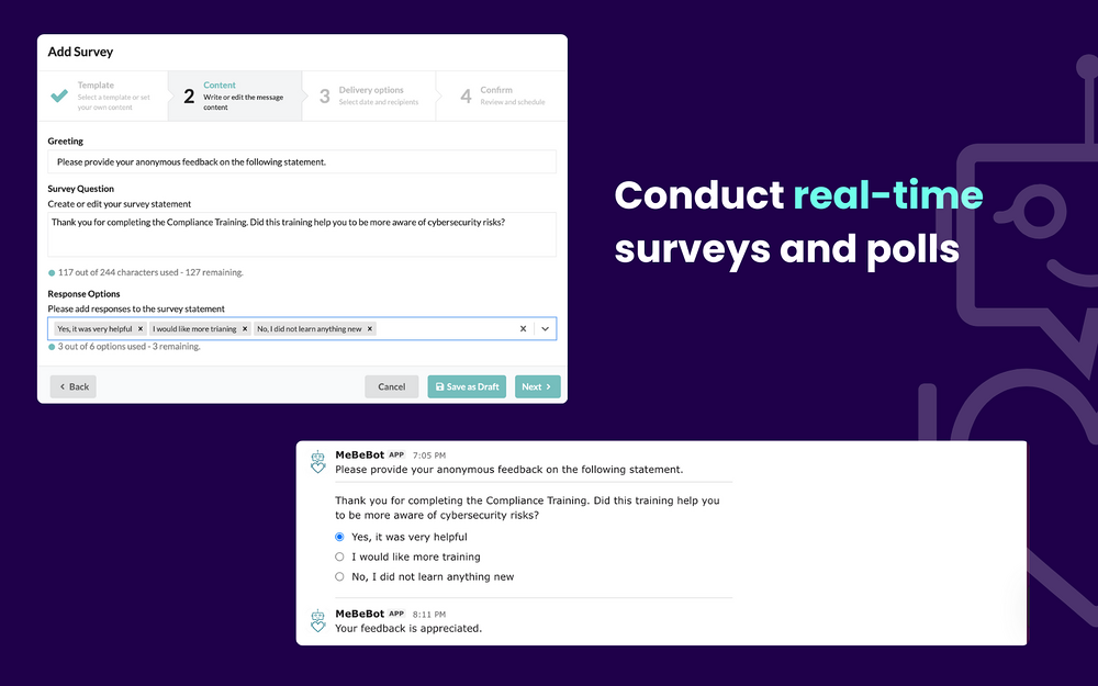 MeBeBot dashboard view — Brilliant Bots app on the Slack Marketplace