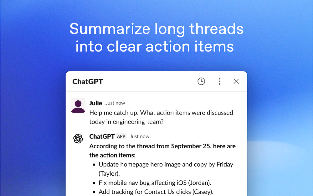 ChatGPT settings interface — AI Apps & Assistants app on the Slack Marketplace