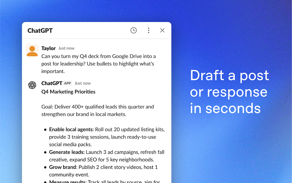 ChatGPT dashboard view — AI Apps & Assistants app on the Slack Marketplace