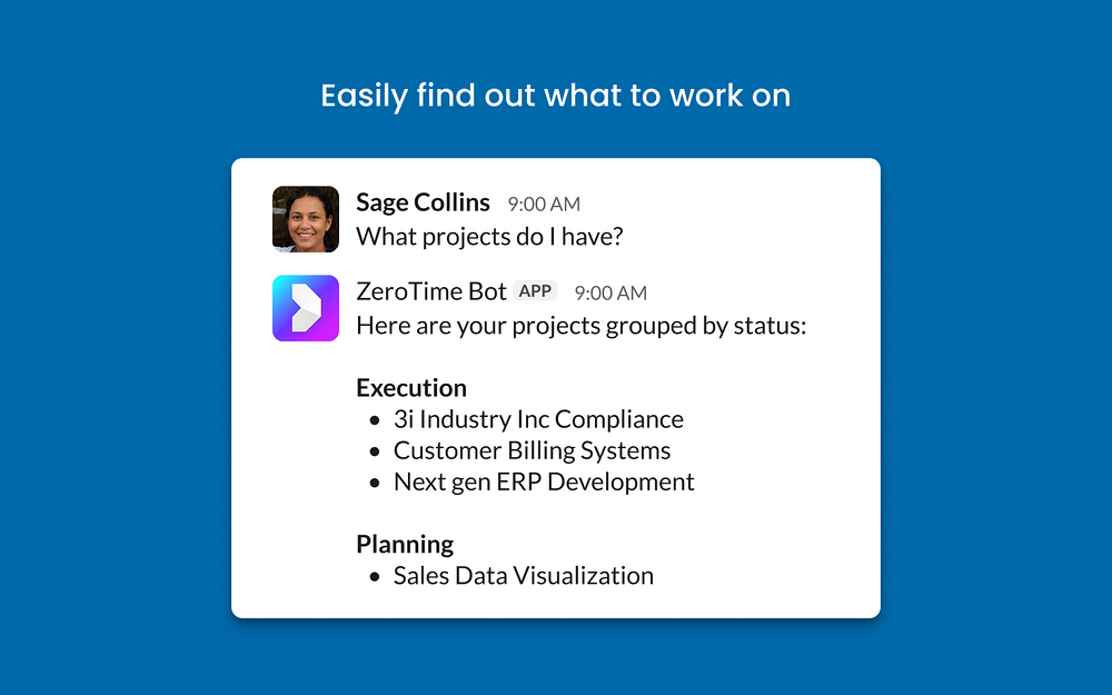 ZeroTime Bot for Slack feature detail — Project Management app on the Slack Marketplace