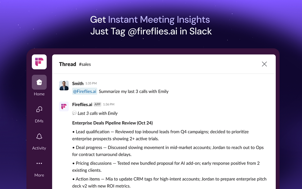 Fireflies.ai settings interface — Sales app on the Slack Marketplace