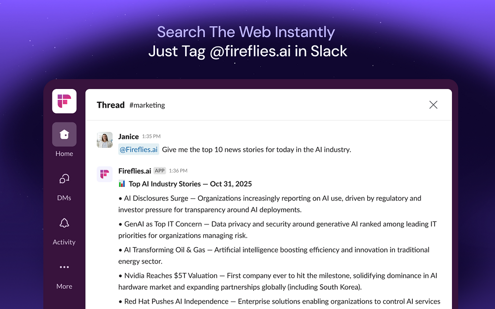 Fireflies.ai mobile preview — Sales app on the Slack Marketplace