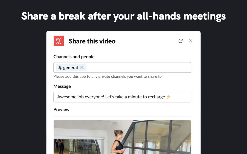 MyMOWO dashboard view — Health & Wellness app on the Slack Marketplace