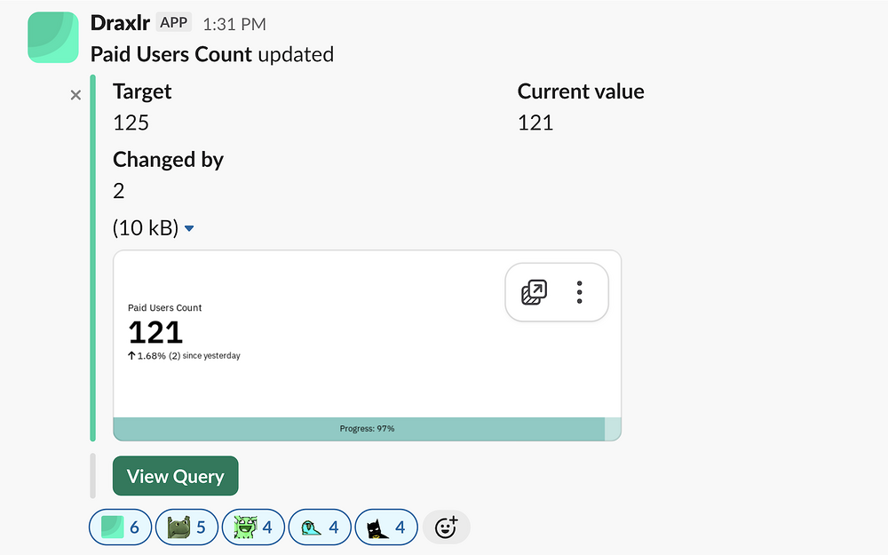 Draxlr | SQL DB Data change alerts dashboard view — Analytics app on the Slack Marketplace