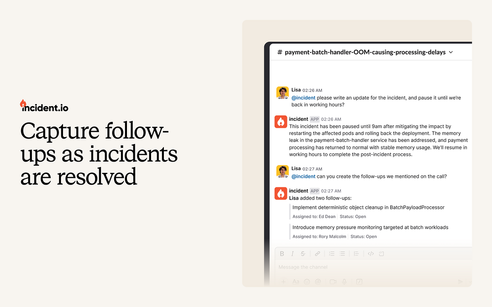 incident.io mobile preview — Customer Support app on the Slack Marketplace