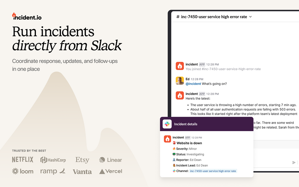 incident.io primary marketing image — Customer Support app on the Slack Marketplace