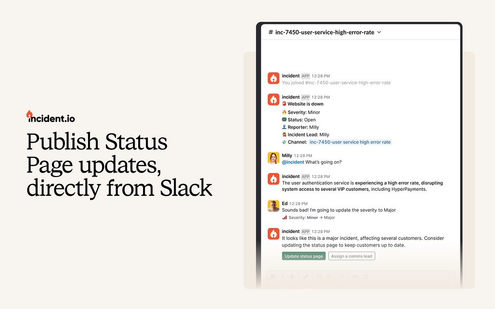 incident.io dashboard view — Customer Support app on the Slack Marketplace