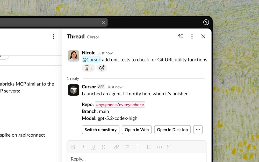 Cursor dashboard view — AI Apps & Assistants app on the Slack Marketplace
