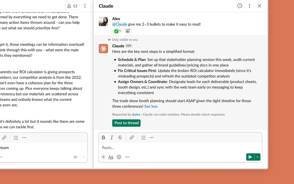 Claude dashboard view — AI Apps & Assistants app on the Slack Marketplace