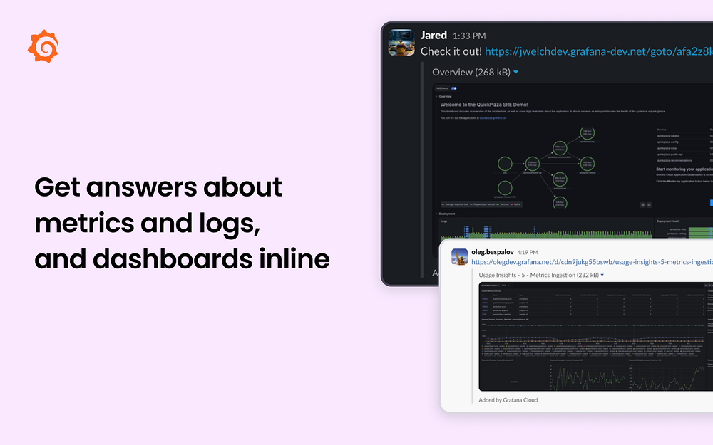 Grafana Cloud settings interface — AI Apps & Assistants app on the Slack Marketplace