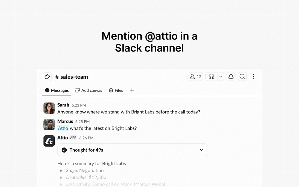 Attio dashboard view — Sales app on the Slack Marketplace