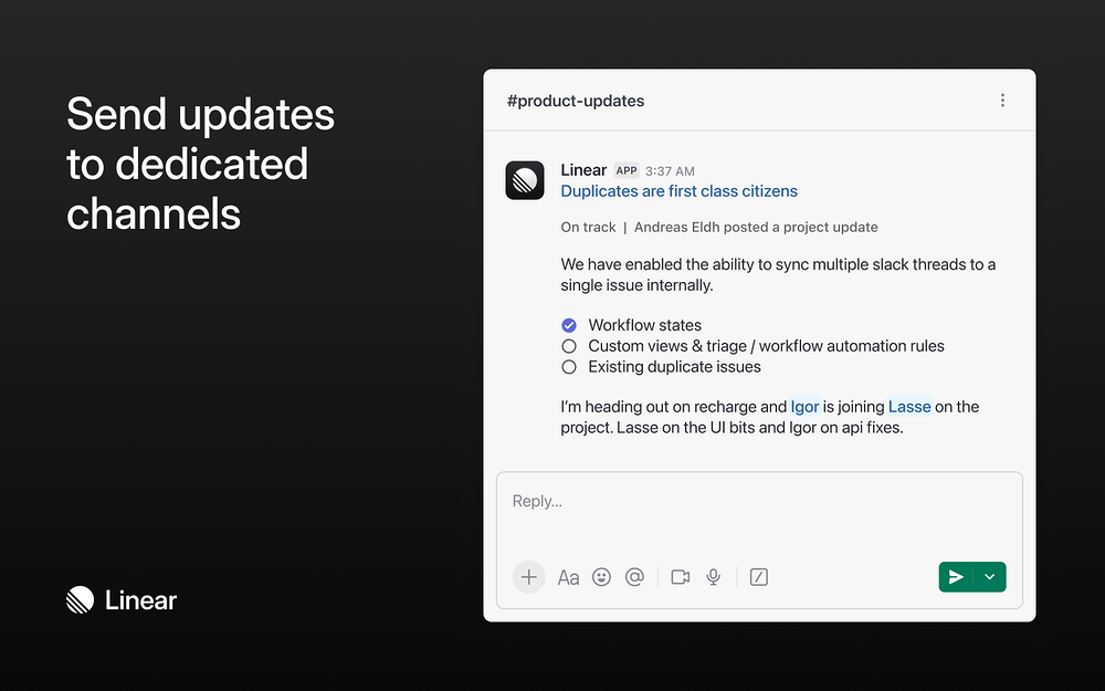 Linear settings interface — Developer Tools app on the Slack Marketplace