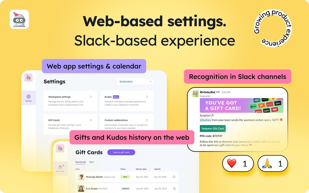 BirthdayBot mobile preview — Social & Fun app on the Slack Marketplace