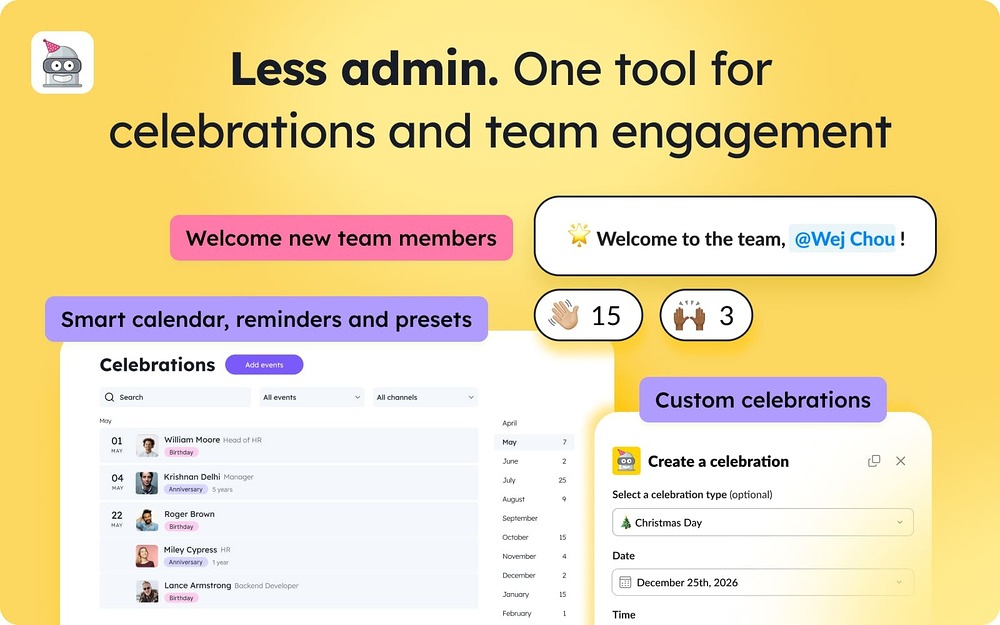 BirthdayBot dashboard view — Social & Fun app on the Slack Marketplace