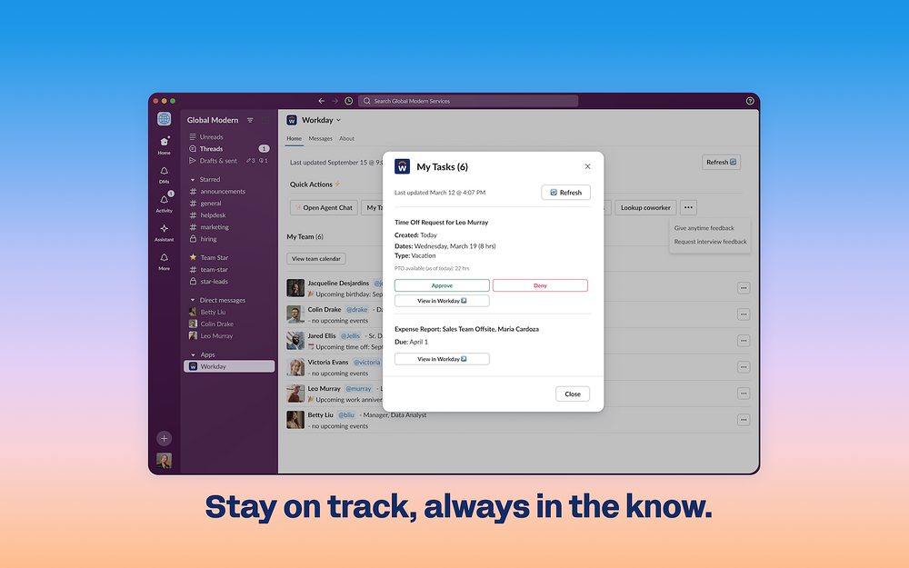 Workday feature detail — Finance app on the Slack Marketplace