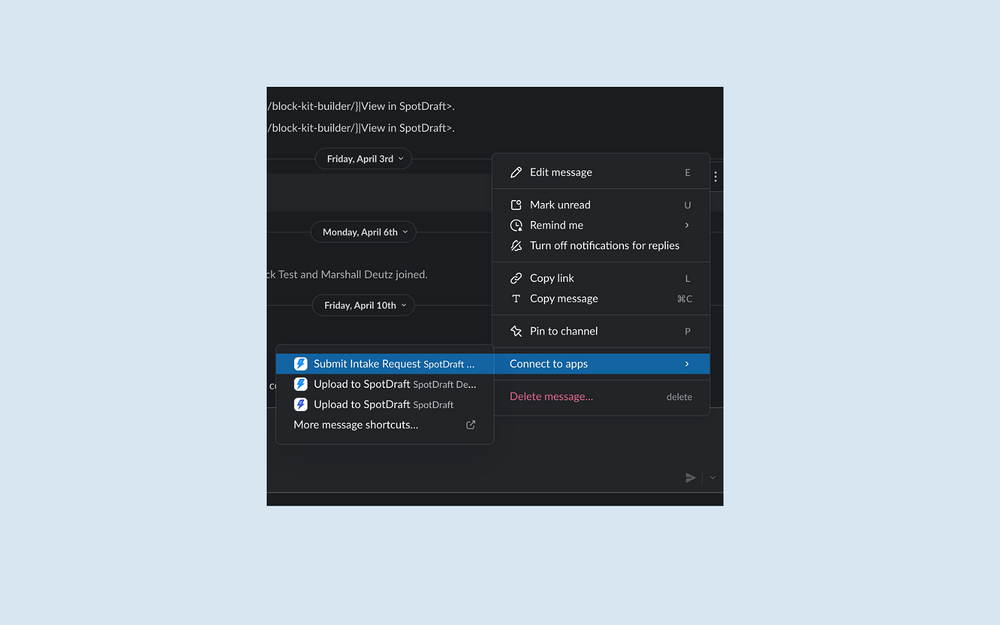 SpotDraft settings interface — Finance app on the Slack Marketplace