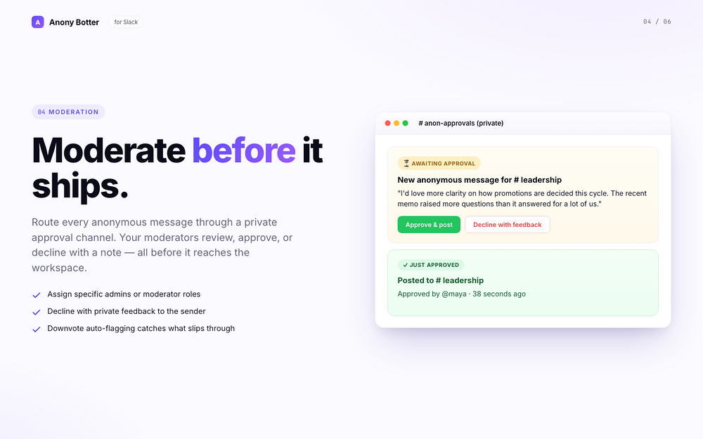 Anony Botter - anonymous messages feature detail — Social & Fun app on the Slack Marketplace