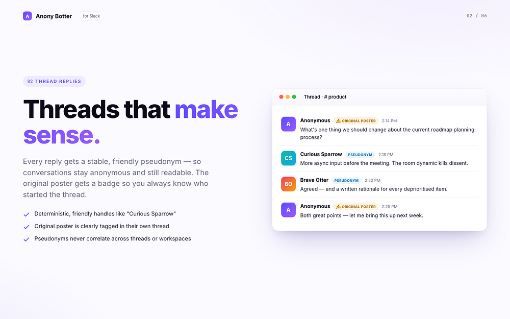 Anony Botter - anonymous messages settings interface — Social & Fun app on the Slack Marketplace