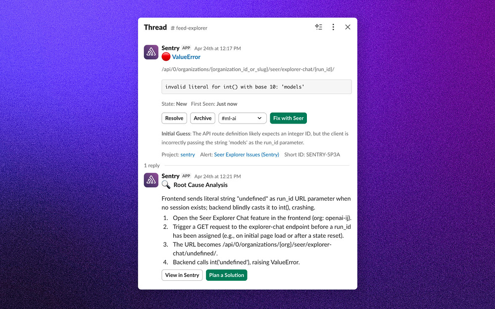 Sentry dashboard view — Developer Tools app on the Slack Marketplace