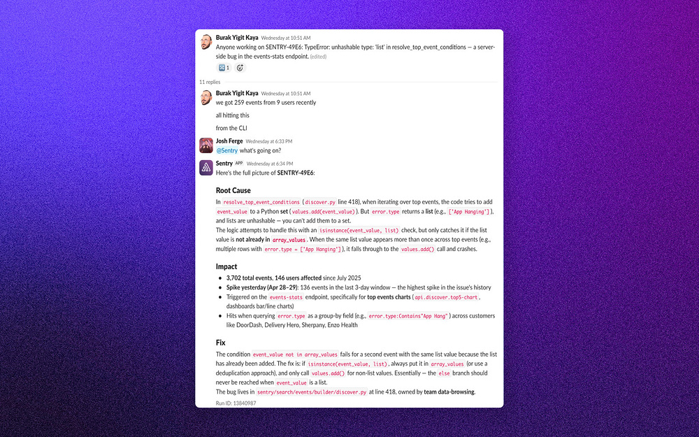 Sentry feature detail — Developer Tools app on the Slack Marketplace