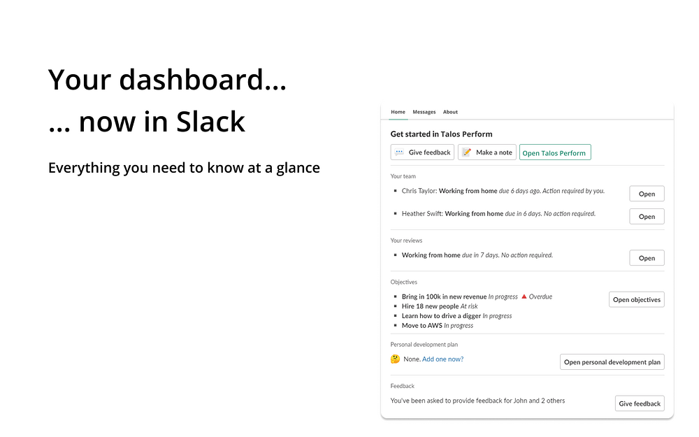 Talos Perform settings interface — Enterprise-ready apps app on the Slack Marketplace