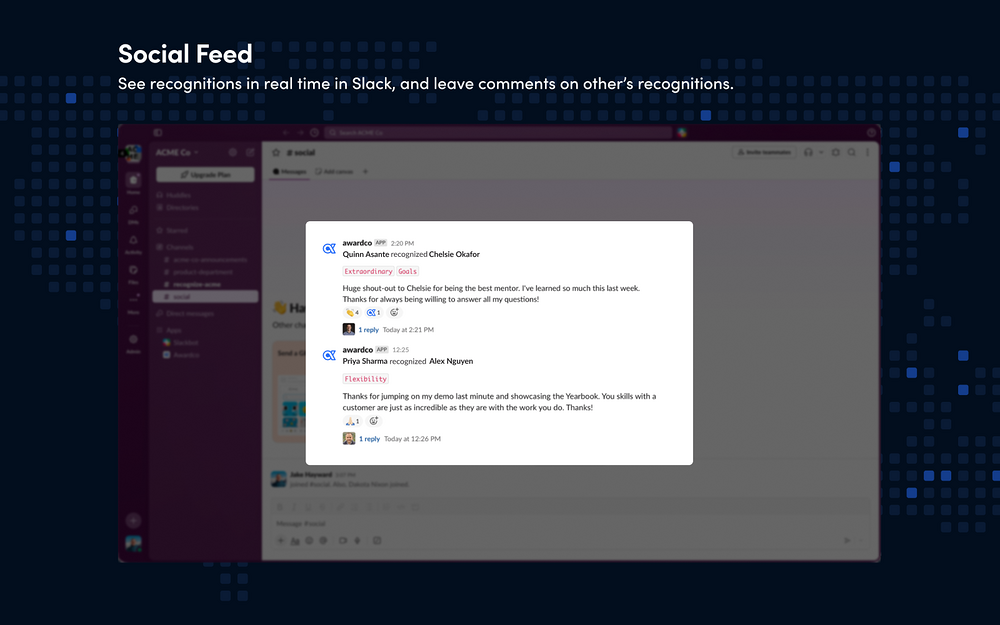 Awardco settings interface — Social & Fun app on the Slack Marketplace