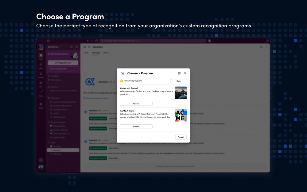 Awardco dashboard view — Social & Fun app on the Slack Marketplace