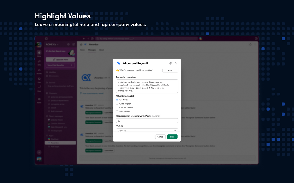 Awardco feature detail — Social & Fun app on the Slack Marketplace