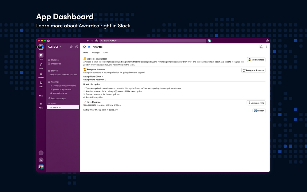 Awardco mobile preview — Social & Fun app on the Slack Marketplace