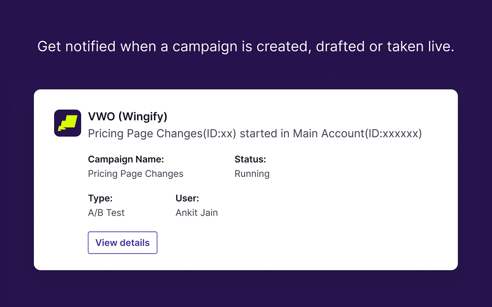 VWO (Wingify) dashboard view — Marketing app on the Slack Marketplace