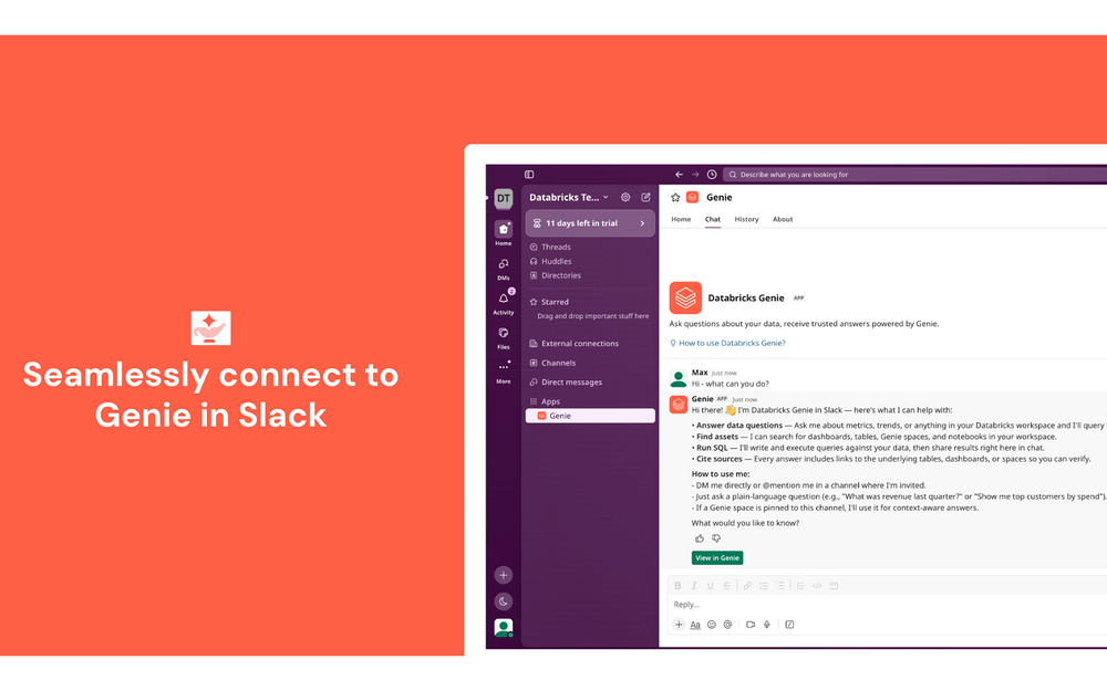 Databricks Genie primary marketing image — Finance app on the Slack Marketplace