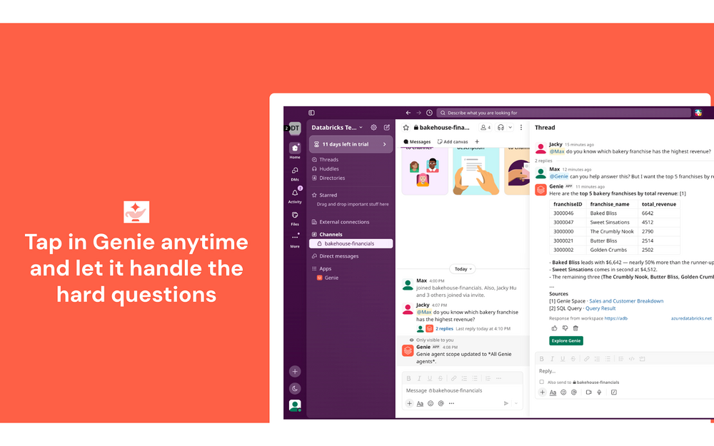 Databricks Genie feature detail — Finance app on the Slack Marketplace