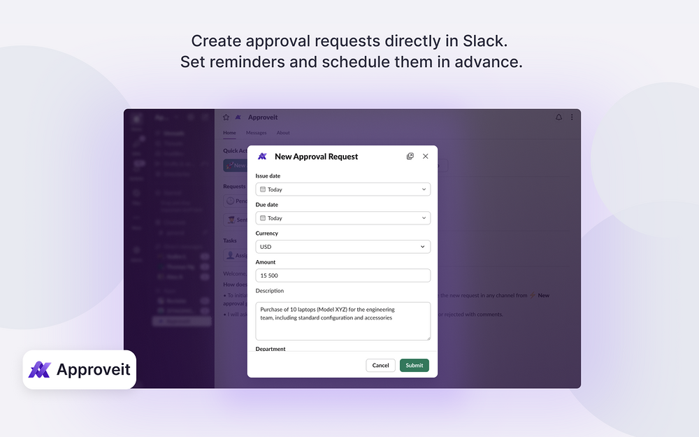 Approveit dashboard view — Finance app on the Slack Marketplace