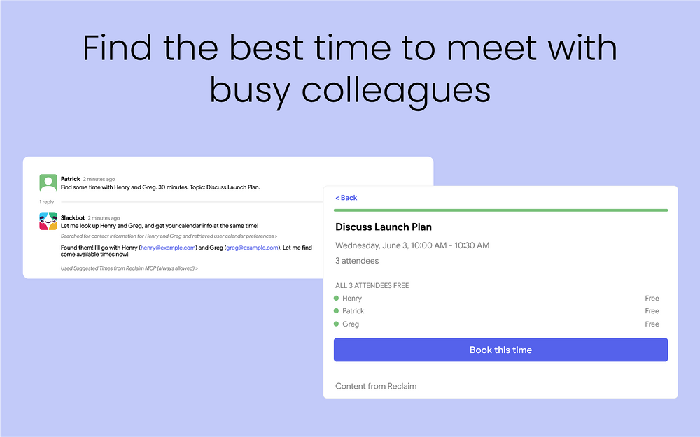 Reclaim.ai dashboard view — Brilliant Bots app on the Slack Marketplace