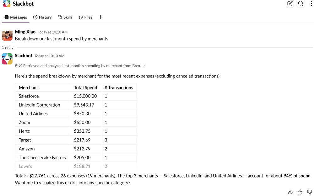 Brex settings interface — MCP registry app on the Slack Marketplace