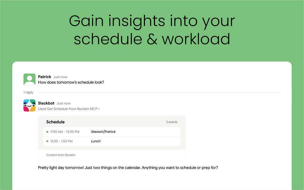 Reclaim.ai settings interface — Brilliant Bots app on the Slack Marketplace