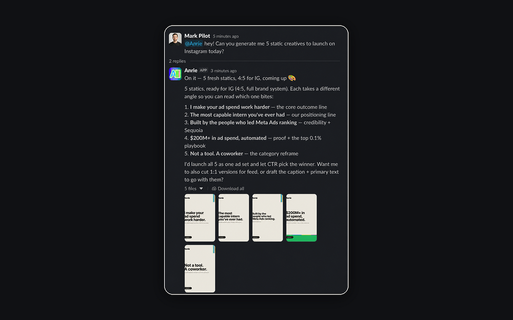 Anrie primary marketing image — Marketing app on the Slack Marketplace