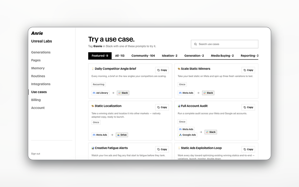 Anrie settings interface — Marketing app on the Slack Marketplace