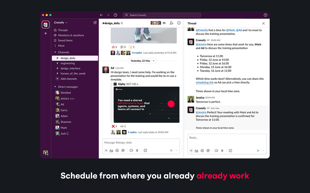 Cronofy feature detail — Sales app on the Slack Marketplace