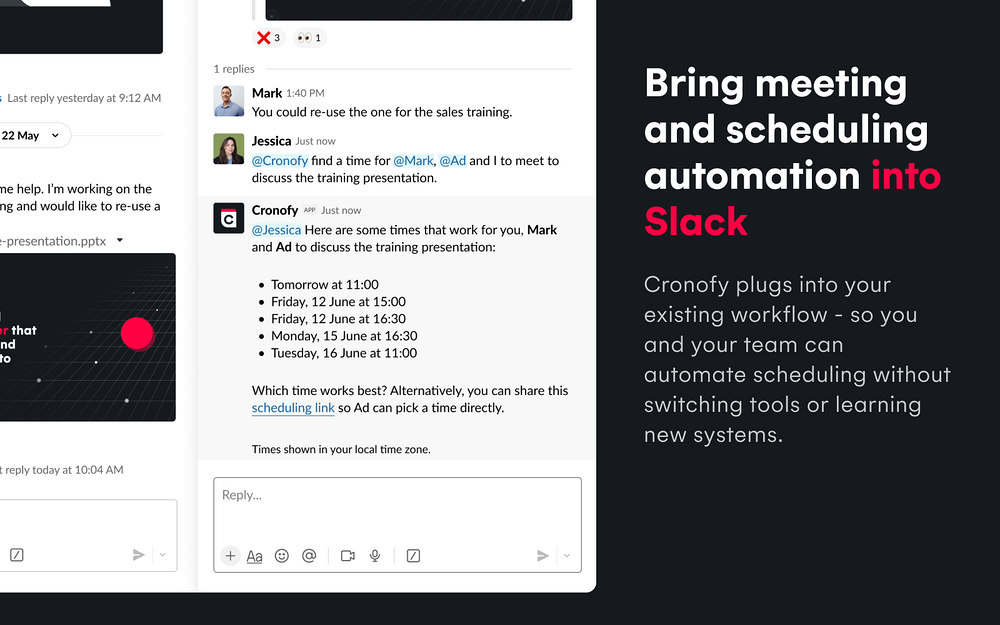 Cronofy primary marketing image — Sales app on the Slack Marketplace