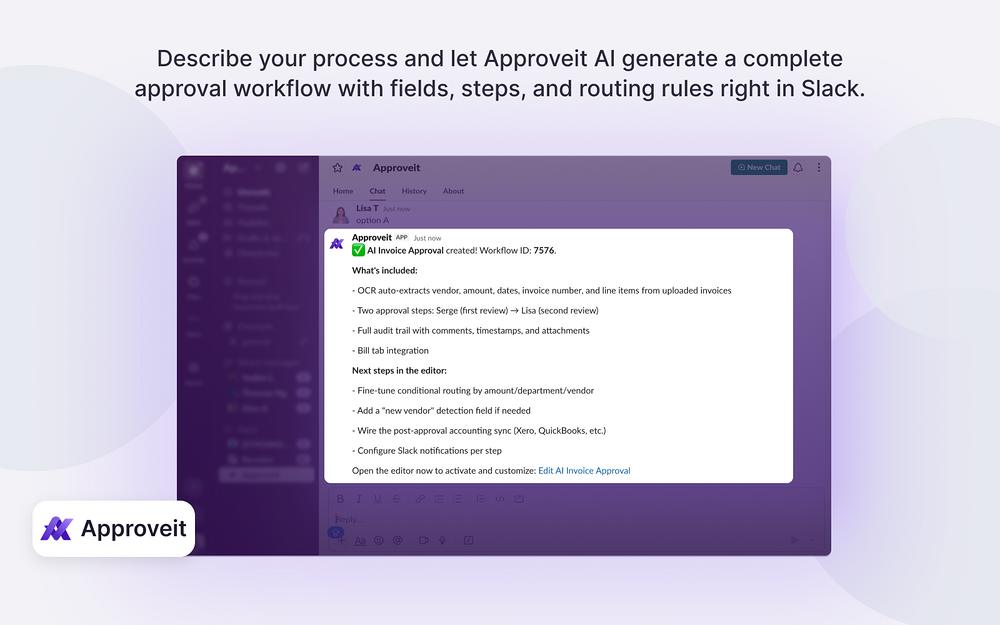 Approveit settings interface — Finance app on the Slack Marketplace