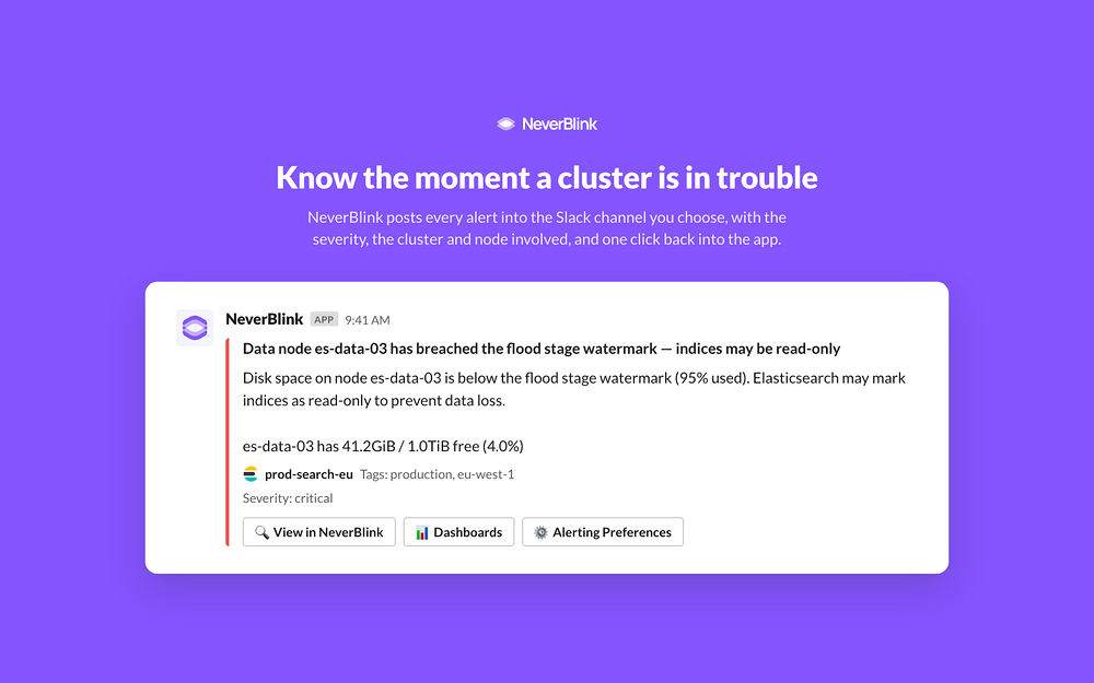 NeverBlink primary marketing image — Developer Tools app on the Slack Marketplace