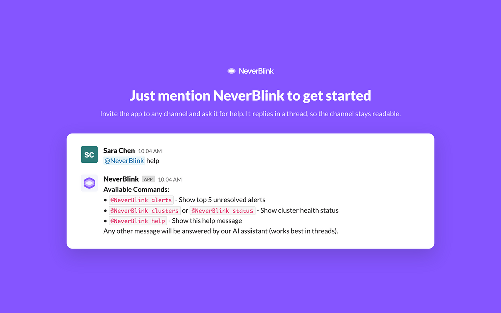 NeverBlink dashboard view — Developer Tools app on the Slack Marketplace