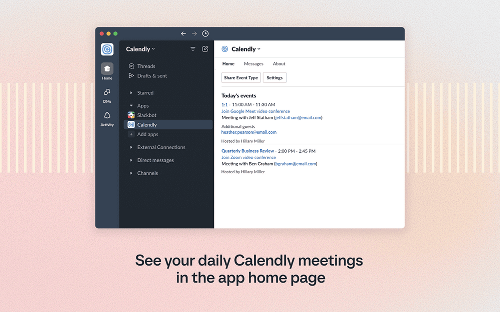 Calendly dashboard view — Office Management app on the Slack Marketplace