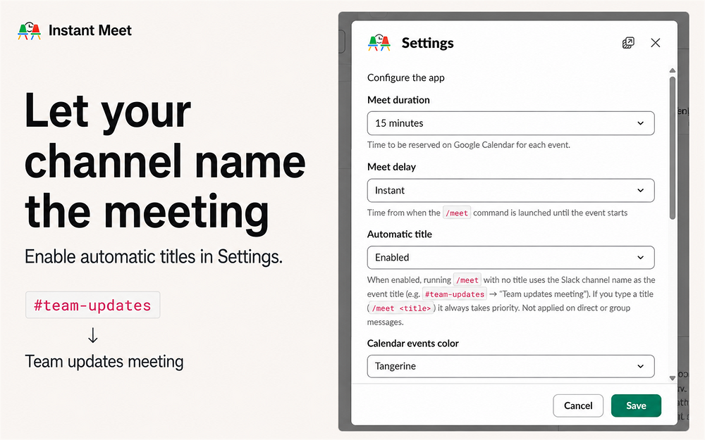Instant Google Meet integration setup — Voice & Video app on the Slack Marketplace
