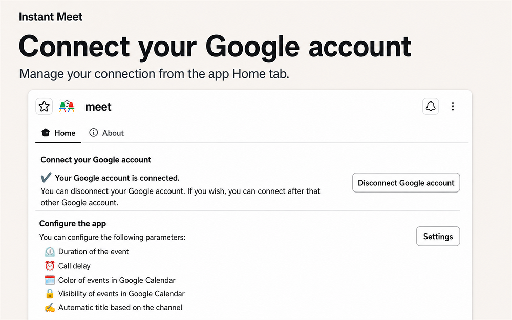 Instant Google Meet feature detail — Voice & Video app on the Slack Marketplace
