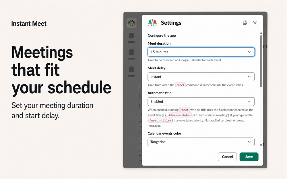 Instant Google Meet settings interface — Voice & Video app on the Slack Marketplace