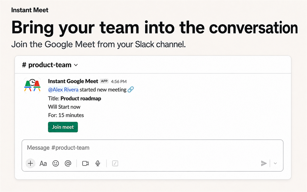 Instant Google Meet dashboard view — Voice & Video app on the Slack Marketplace