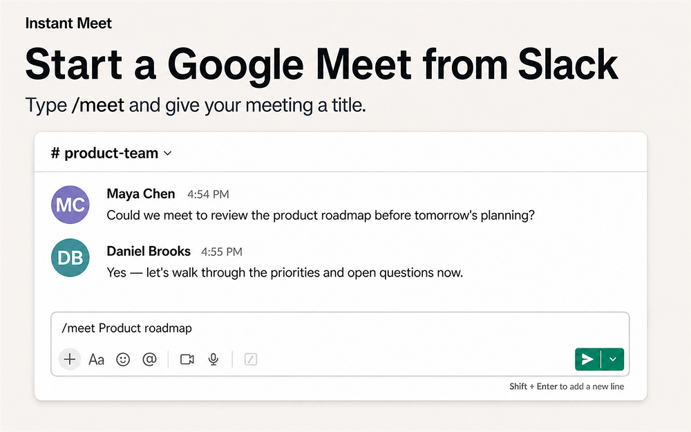 Instant Google Meet primary marketing image — Voice & Video app on the Slack Marketplace